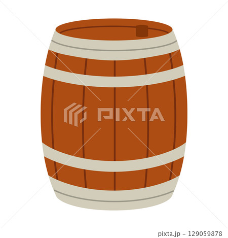Wooden barrel with metal bands for storage or aging beverages. Flat vector isolated illustration 129059878