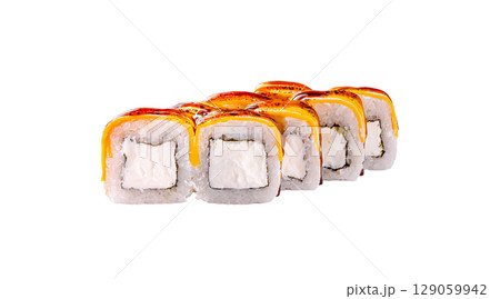 Sushi rolls arranged neatly on a white surface with bright colors and textures 129059942
