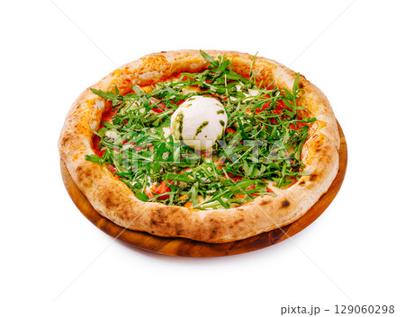 Enjoying a fresh vegetarian pizza topped with herbs and mozzarella cheese Enjoying a fresh vegetarian pizza topped with herbs and mozzarella cheese 129060298