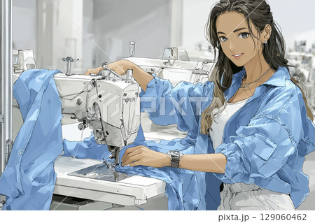 裁縫工場でミシンを扱う女性作業員・真剣な眼差しと自然な笑顔（アジア系・ベクターイラスト） 129060462