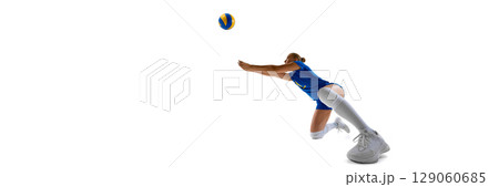 Diving volleyball player attempts to save ball on white background. Banner Diving volleyball player attempts to save ball on white background. Banner 129060685