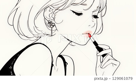 化粧をしている（口紅をつけている）若い女性（シンプルな色使い）