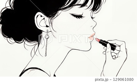 化粧をしている（口紅をつけている）若い女性（シンプルな色使い）