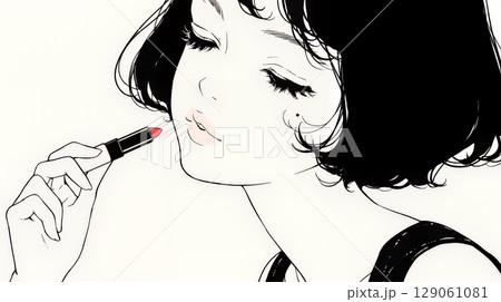 化粧をしている（口紅をつけている）若い女性（シンプルな色使い）