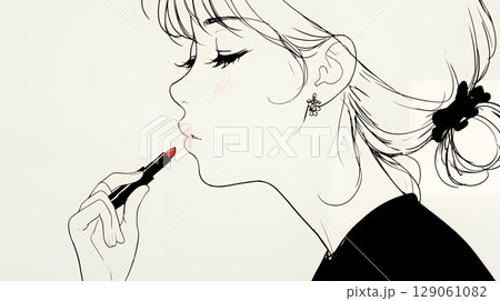 化粧をしている（口紅をつけている）若い女性（シンプルな色使い）