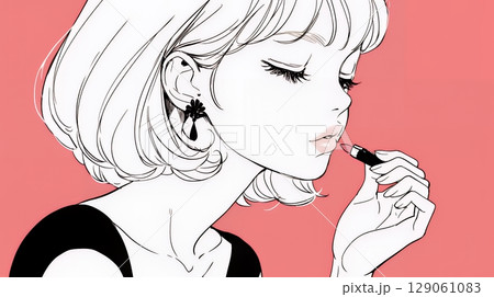 化粧をしている（口紅をつけている）若い女性（シンプルな色使い）