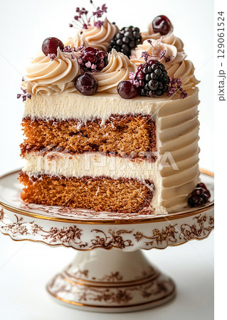Single slice of cake in neutral tones in dessert stand with soft lighting. Vertical view. 129061524