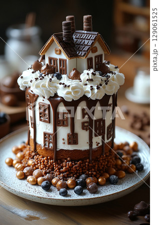 Dessert is sold sold in a pastry cafe. Chocolate cake in shape of a house in neutral tones on dessert stand. Soft lighting. Dessert is sold sold in a pastry cafe. Chocolate cake in shape of a house in neutral tones on dessert stand. Soft lighting. 129061525