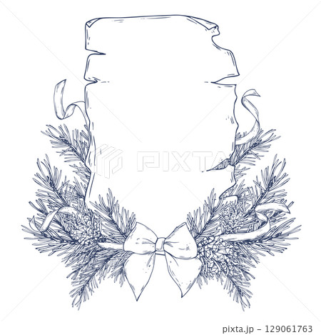 Festive hand drawn line art graphic illustration of an antique scroll with fir branches and a ribbon bow, template perfect for Christmas designs, greeting cards and seasonal invitations in vintage Festive hand drawn line art graphic illustration of an antique scroll with fir branches and a ribbon bow, template perfect for Christmas designs, greeting cards and seasonal invitations in vintage 129061763