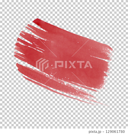 Expressive red brush stroke created as a hand-painted watercolor illustration. Artistic textured element perfect for highlights, backgrounds, and compositions. 129061780