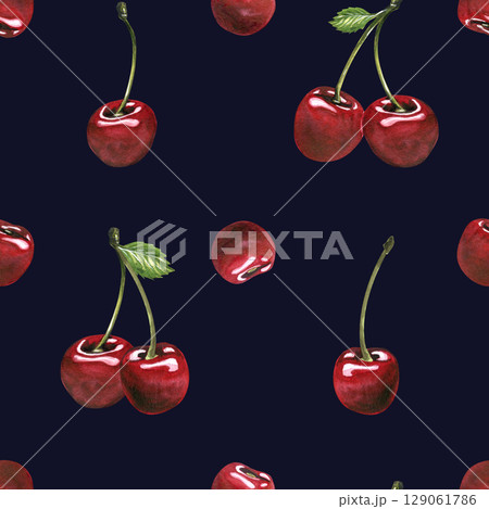Seamless pattern hand-painted watercolor illustration of scattered cherries on dark navy background. A timeless and juicy pattern for elegant product design. Seamless pattern hand-painted watercolor illustration of scattered cherries on dark navy background. A timeless and juicy pattern for elegant product design. 129061786