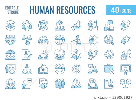 Human resources icons, such as recruitment, teamwork, employee management, job and more. Vector illustration isolated on white. Editable stroke. Change to any size and any color. 129061927