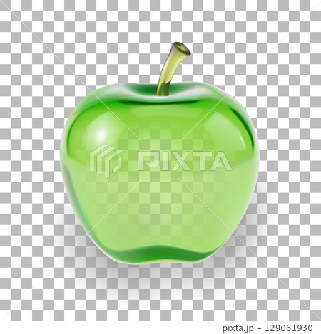 Green apple illustration. Shiny fruit diet fresh healthy. Nutrition wellness fitness food web design. Glossy transparent background vector Green apple illustration. Shiny fruit diet fresh healthy. Nutrition wellness fitness food web design. Glossy transparent background vector 129061930