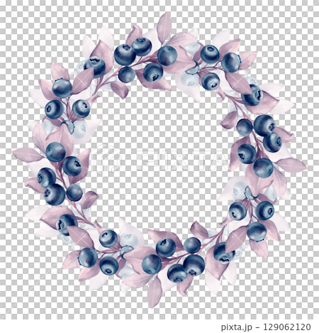 Hand-drawn illustration of a charming wreath with blueberries and delicate leaves in soft violet hues Hand-drawn illustration of a charming wreath with blueberries and delicate leaves in soft violet hues 129062120