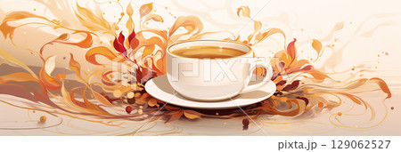 White coffee cup filled with steaming beverage sits on a saucer, surrounded by swirling abstract patterns in warm tones, creating a visually appealing and inviting atmosphere for coffee lovers 129062527