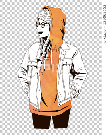 笑顔で横を向くパーカーを着た若い女性・スケッチ風イラスト 129062552