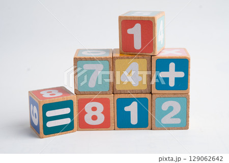 Number wood block cubes for learning Mathematic, education math. 129062642
