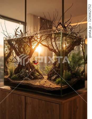 Beautifully designed planted aquascape at sunset, with sunlight streaming through the tank. Highlights the detailed of thriving plants, and peaceful aquatic life in a miniature natural world. 129062752