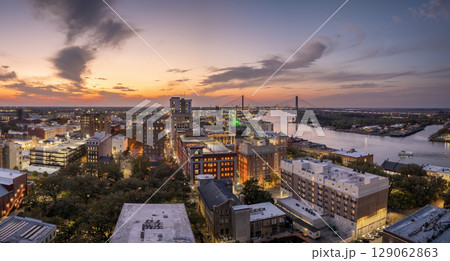 Old historical city Savannah in Georgia. Southern USA cityscape at sunset 129062863