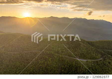 Mountain pass road in North Carolina Appalachian mountains, USA. Laurel Knob overlook on Blue Ridge Parkway in summer season 129062877