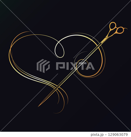 Hairstylist scissors piercing heart from hair curls, gold design for beauty salon 129063079