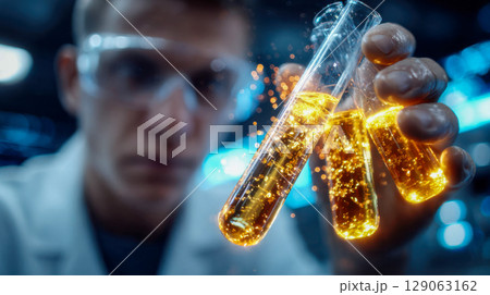 A scientist in a lab coat holds glowing golden test tubes, showcasing vibrant chemical reactions with sparks and energy in a futuristic lab setting 129063162