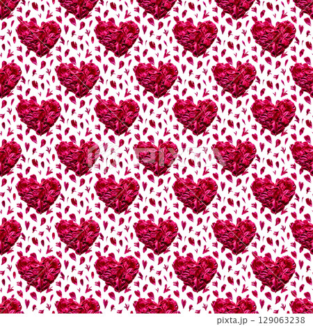 Seamless pattern of peony petal hearts with dense petals on white 129063238