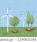 Vector landscape with wind turbines and young trees 129063248