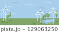 Vector eco banner with wind turbines and green landscape 129063250