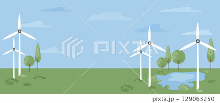 Vector eco banner with wind turbines and green landscape 129063250