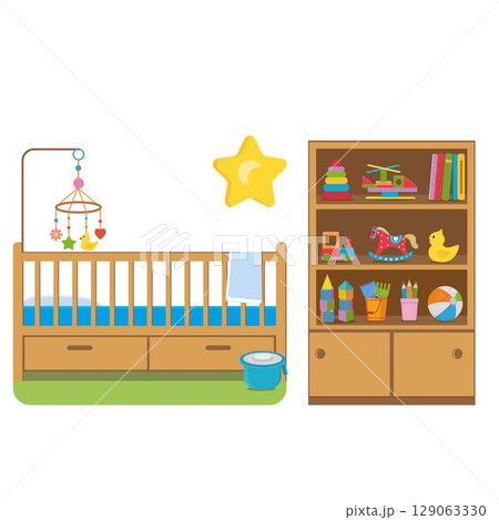A crib and a closet with cartoon-style toys isolated on a white background 129063330