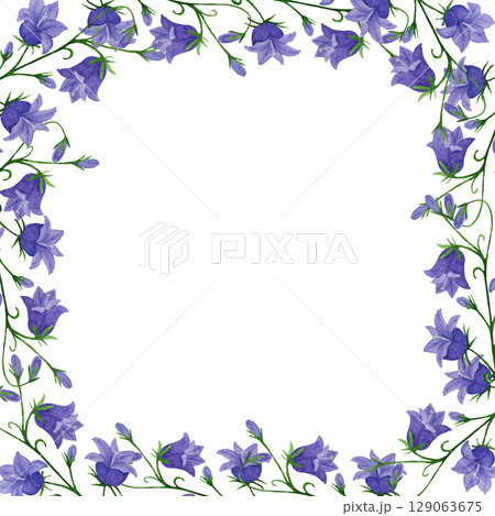 Watercolor frame of blue bellflowers and herbs. Design of greeting cards, invitations Watercolor frame of blue bellflowers and herbs. Design of greeting cards, invitations 129063675