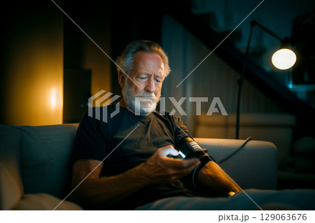 A man is sitting on a couch and looking at his wrist 129063676