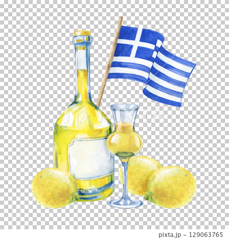 Watercolor illustration in blue and yellow tones on a white background. The Greek flag, the national drink made from lemons and several lemons. Template for booklets and postcards. Travel. 129063765