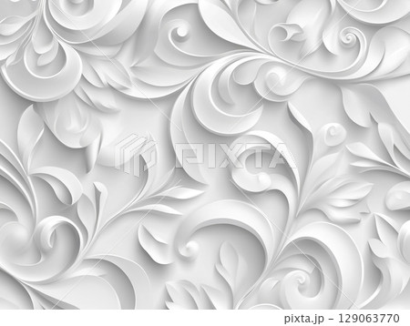 A detailed, elegant white-on-white 3D floral pattern with intricate swirling leaves and petals creates a sophisticated, textured background. 129063770