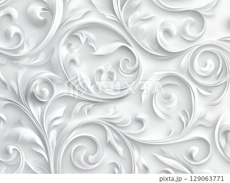 A detailed, elegant white-on-white 3D floral pattern with intricate swirling leaves and petals creates a sophisticated, textured background. 129063771