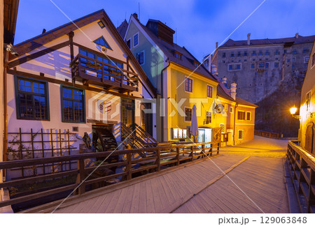 Cesky Krumlov wooden bridge and houses Czech Republic Cesky Krumlov wooden bridge and houses Czech Republic 129063848