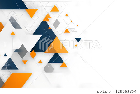 A geometric abstract background features a dynamic arrangement of blue, orange, and white triangles, along with scattered dots, on a clean white canvas. 129063854