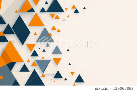 A geometric abstract background features a dynamic arrangement of blue, orange, and white triangles, along with scattered dots, on a clean white canvas. 129063862