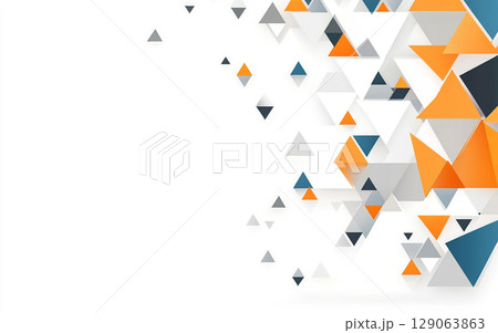 A geometric abstract background features a dynamic arrangement of blue, orange, and white triangles, along with scattered dots, on a clean white canvas. 129063863