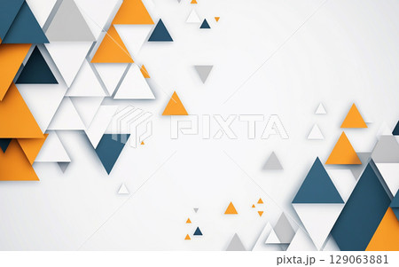 A geometric abstract background features a dynamic arrangement of blue, orange, and white triangles, along with scattered dots, on a clean white canvas. A geometric abstract background features a dynamic arrangement of blue, orange, and white triangles, along with scattered dots, on a clean white canvas. 129063881