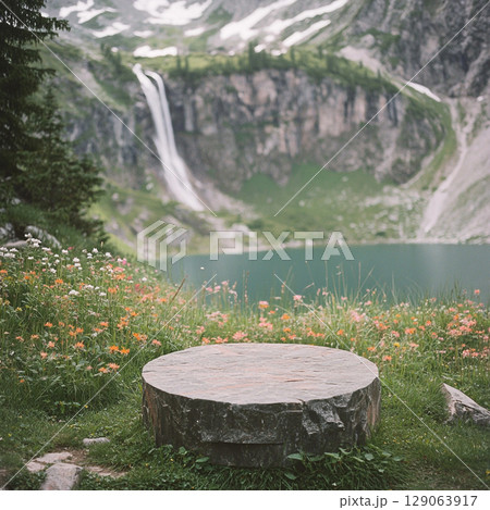 A rustic round stone sits amidst wildflowers, with a pristine lake and a towering waterfall backed by majestic mountains and evergreen trees in the distance. 129063917
