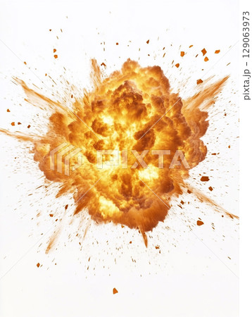 A powerful and dramatic explosion erupts with brilliant orange flames and dark smoke, scattering debris against a stark white background. A powerful and dramatic explosion erupts with brilliant orange flames and dark smoke, scattering debris against a stark white background. 129063973