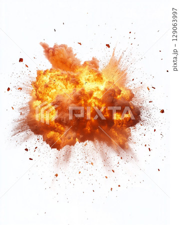 A powerful and dramatic explosion erupts with brilliant orange flames and dark smoke, scattering debris against a stark white background. A powerful and dramatic explosion erupts with brilliant orange flames and dark smoke, scattering debris against a stark white background. 129063997