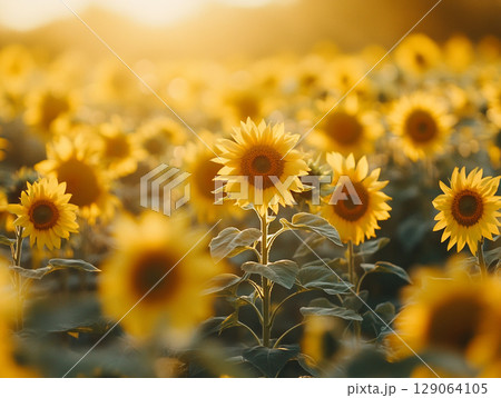 A sun-drenched field of sunflowers glows warmly under a bright sky, radiating joy and natural beauty. 129064105