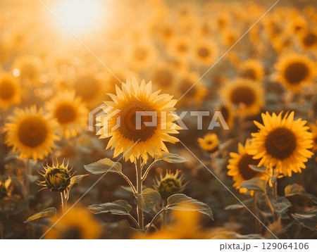 A sun-drenched field of sunflowers glows warmly under a bright sky, radiating joy and natural beauty. 129064106