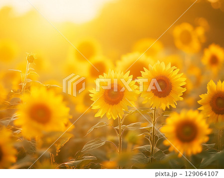 A sun-drenched field of sunflowers glows warmly under a bright sky, radiating joy and natural beauty. 129064107
