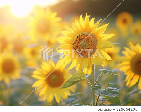 A sun-drenched field of sunflowers glows warmly under a bright sky, radiating joy and natural beauty. 129064108