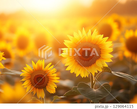 A sun-drenched field of sunflowers glows warmly under a bright sky, radiating joy and natural beauty. 129064115