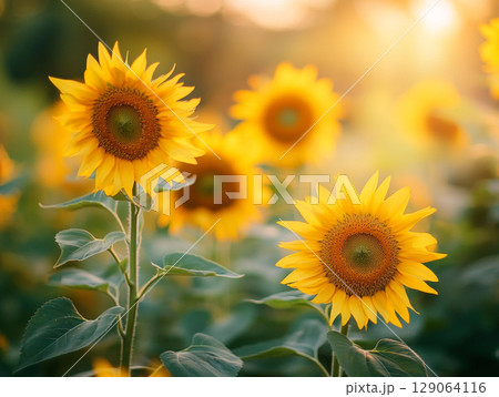 A sun-drenched field of sunflowers glows warmly under a bright sky, radiating joy and natural beauty. 129064116